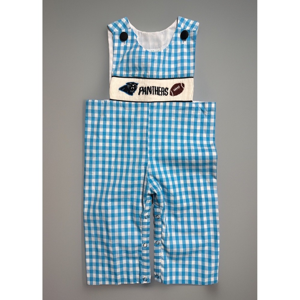Smocked Football Romper Toddler Boy's Size 18 Months Carolina Panthers NFL.   C
